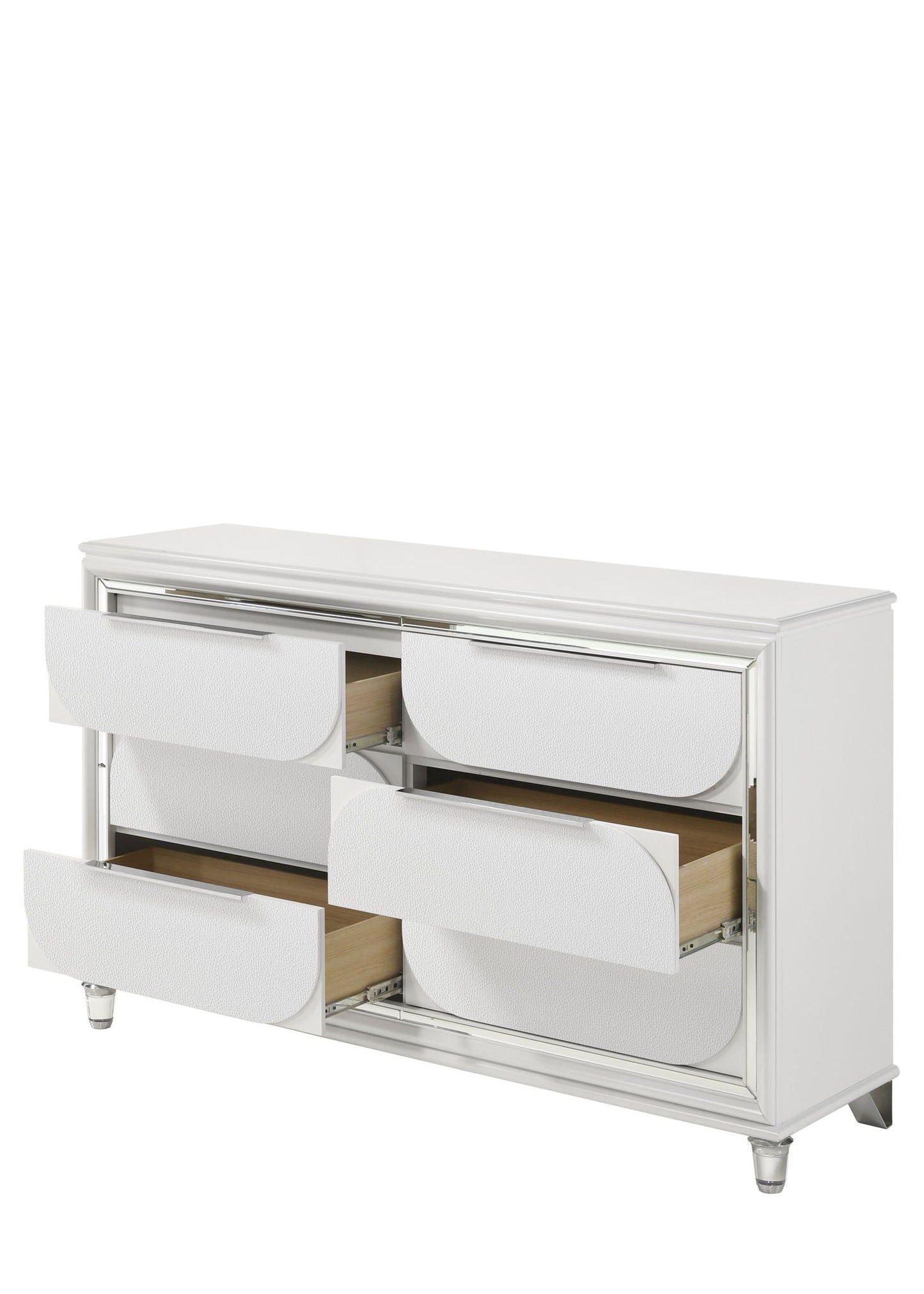 Tarian Dresser White with textured curved fronts and chrome trim wood interior on Tampa Home & Garden Store