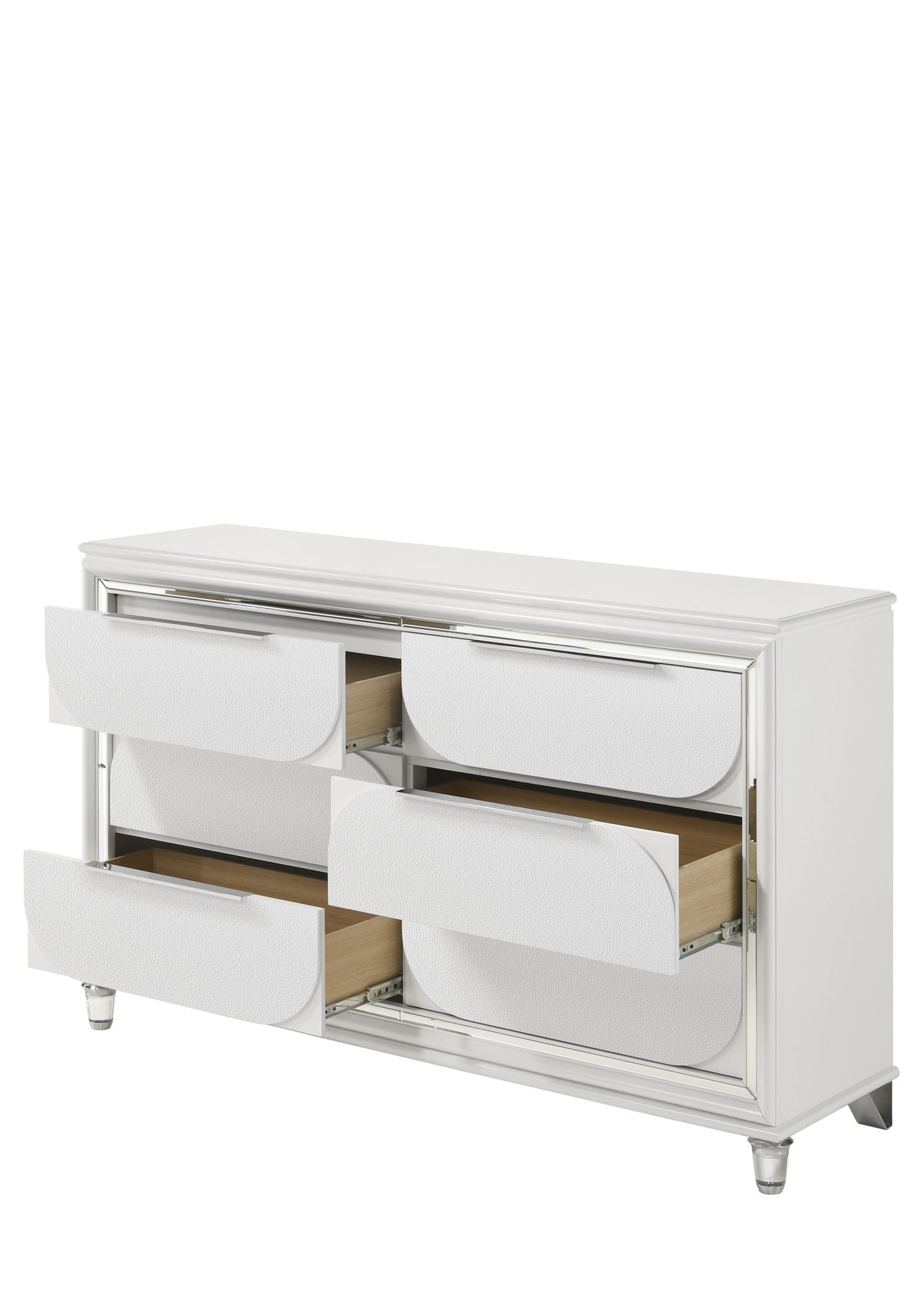 Tarian Dresser White with textured curved fronts and chrome trim wood interior on Tampa Home & Garden Store