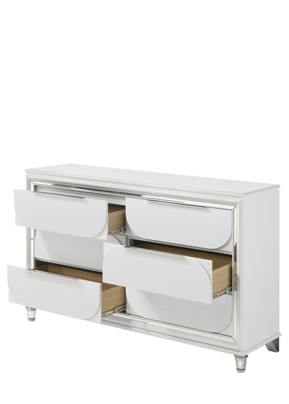Tarian Dresser White with textured curved fronts and chrome trim wood interior on Tampa Home & Garden Store