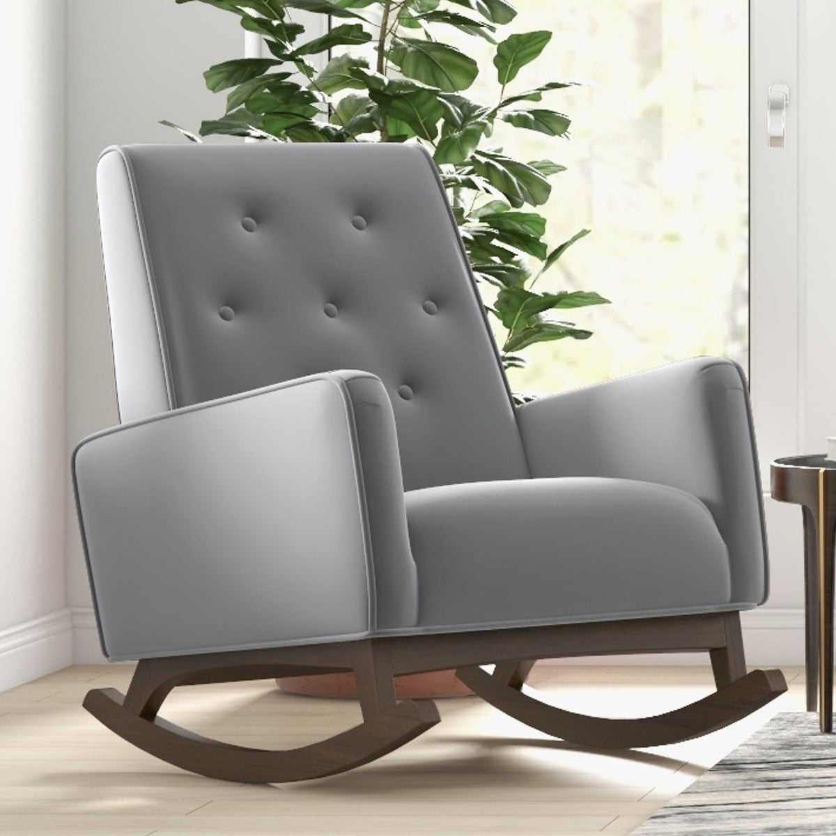 Demetrius Solid Wood Rocking Chair gray upholstery curved dark wood rockers by HouseOfZazla on Tampa Home & Garden Store