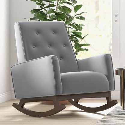 Demetrius Solid Wood Rocking Chair gray upholstery curved dark wood rockers by HouseOfZazla on Tampa Home & Garden Store