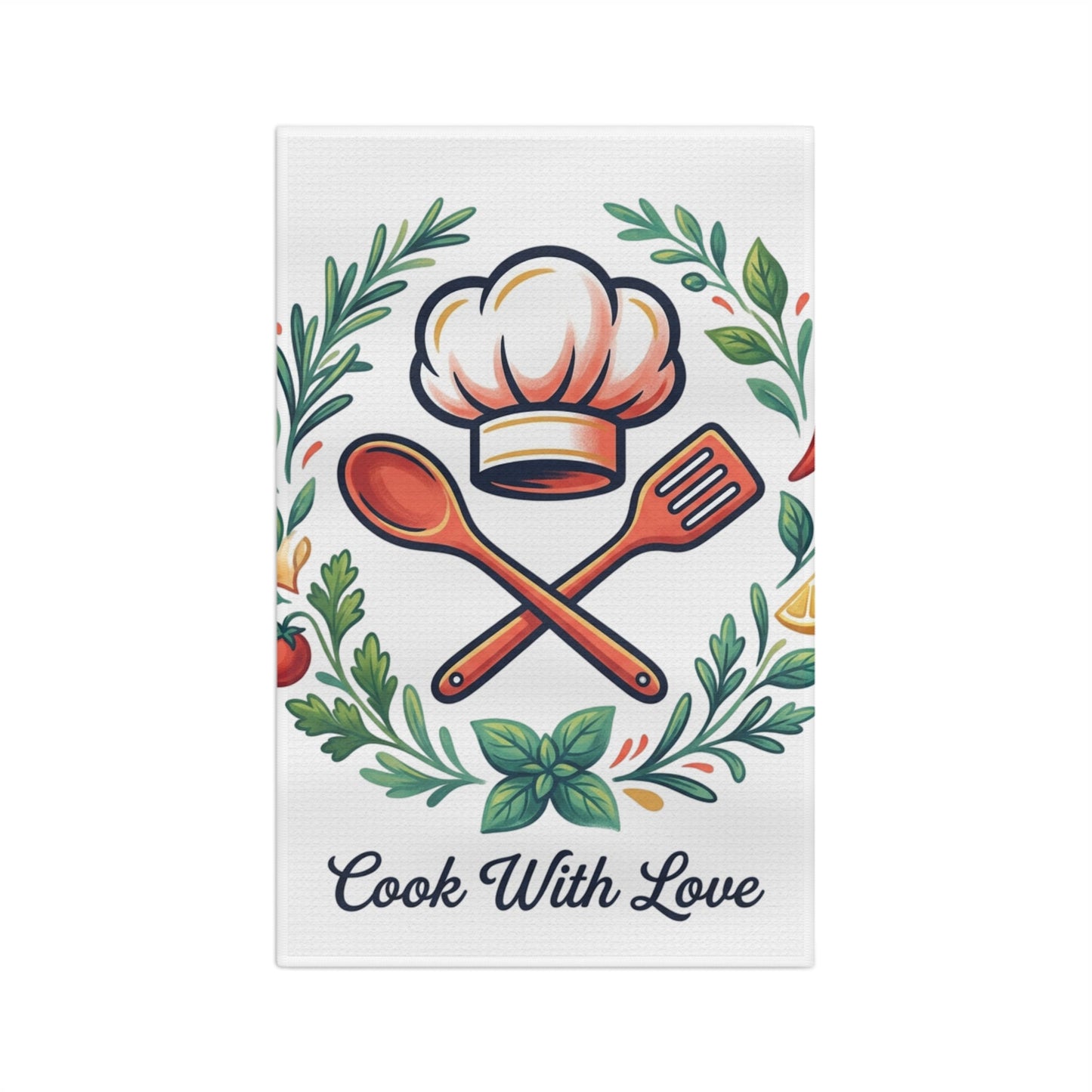 Cook With Love tea towel decorative kitchen microfiber with chef hat motif and greenery on Tampa Home & Garden Store
