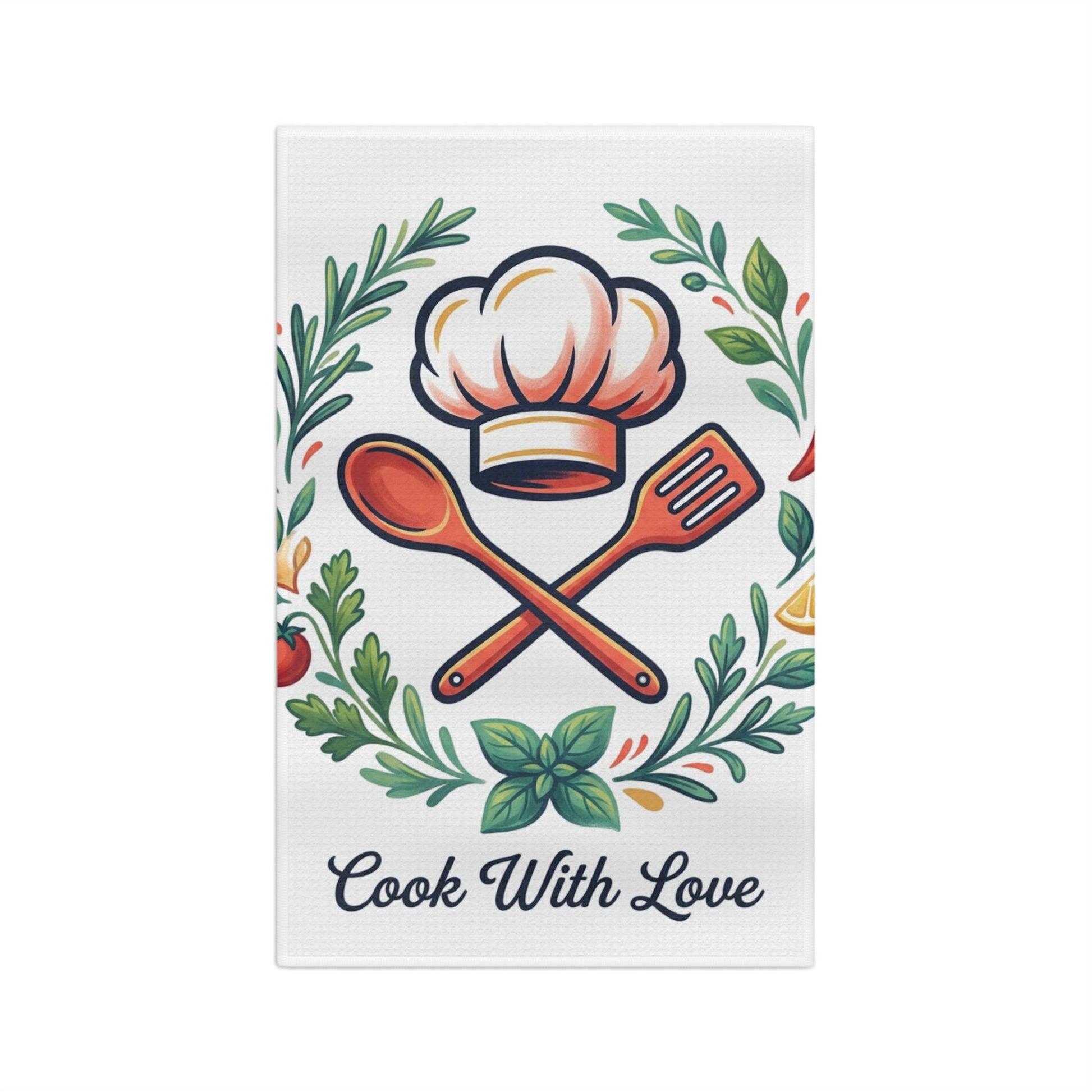 Cook With Love tea towel decorative kitchen microfiber with chef hat motif and greenery on Tampa Home & Garden Store