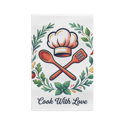 Cook With Love tea towel decorative kitchen microfiber with chef hat motif and greenery on Tampa Home & Garden Store