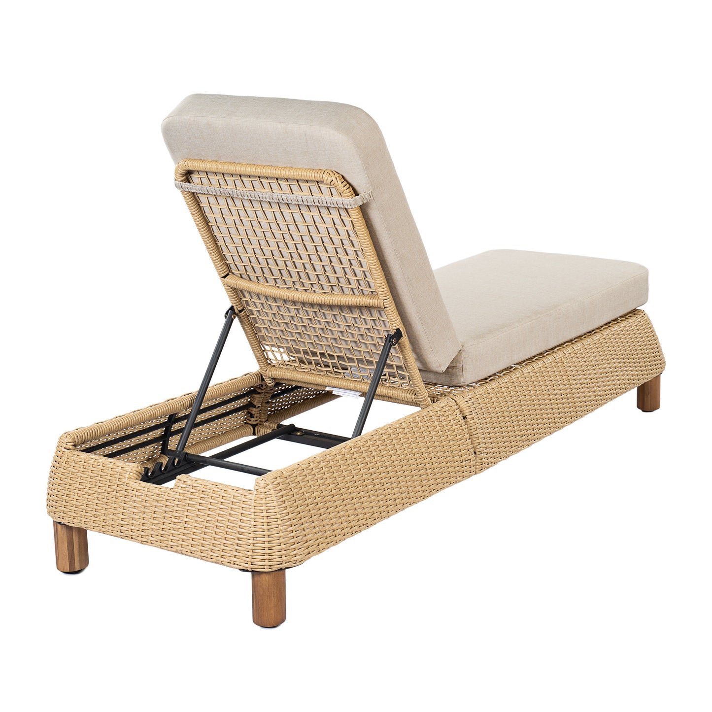 Adjustable outdoor wicker chaise lounge chair with beige cushion on Tampa Home & Garden Store