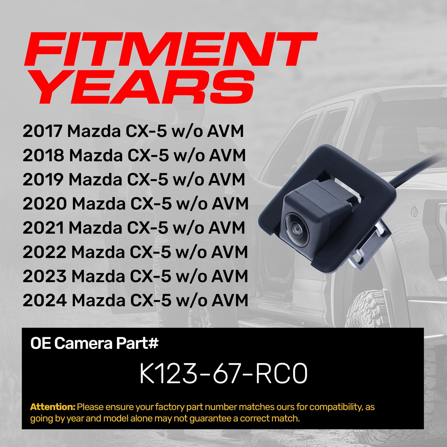 Master Tailgaters OEM backup camera for Mazda CX-5 2017-2024 w/o AVM, K123-67-RC0 on Tampa Home & Garden Store