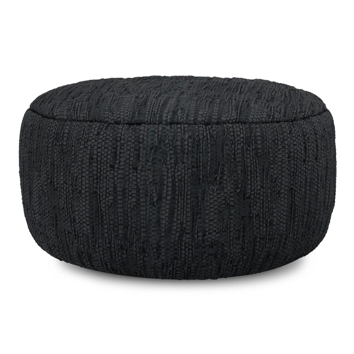 Black leather round pouf with dense bead support, textured woven surface, HouseOfZazla Fredrik on Tampa Home & Garden Store