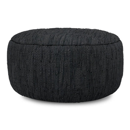 Black leather round pouf with dense bead support, textured woven surface, HouseOfZazla Fredrik on Tampa Home & Garden Store