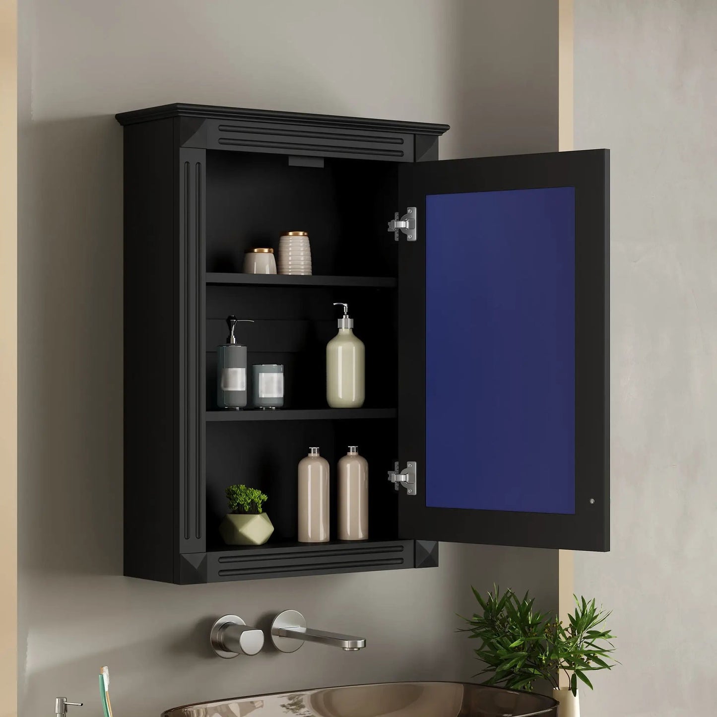 Wall-mounted medicine cabinet with mirror, black finish and blue interior on Tampa Home & Garden Store