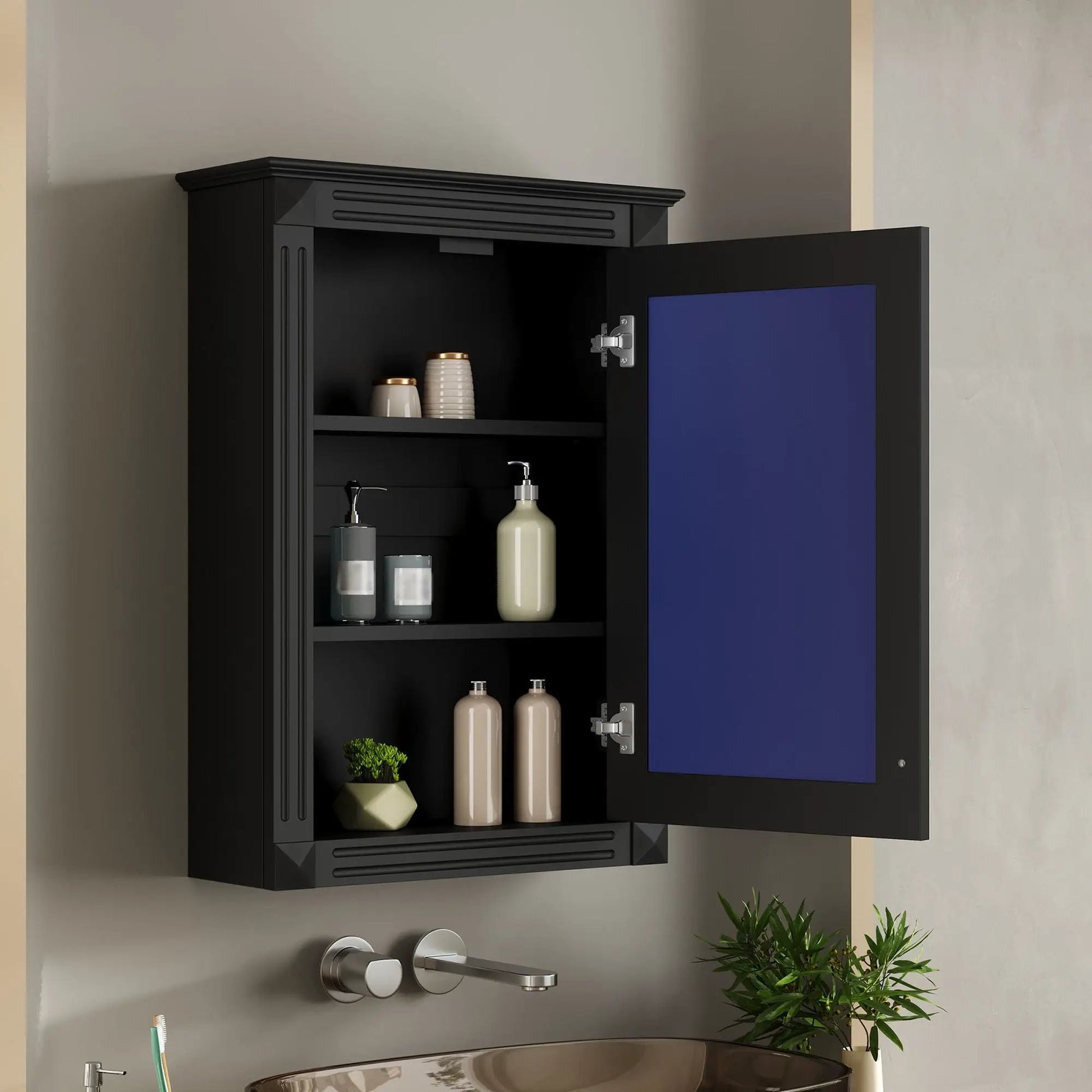 Wall-mounted medicine cabinet with mirror, black finish and blue interior on Tampa Home & Garden Store