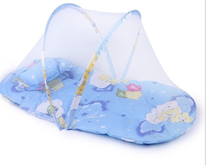 Portable foldable baby bed with blue dot-printed sleeping cushion and mosquito net tent on Tampa Home & Garden Store