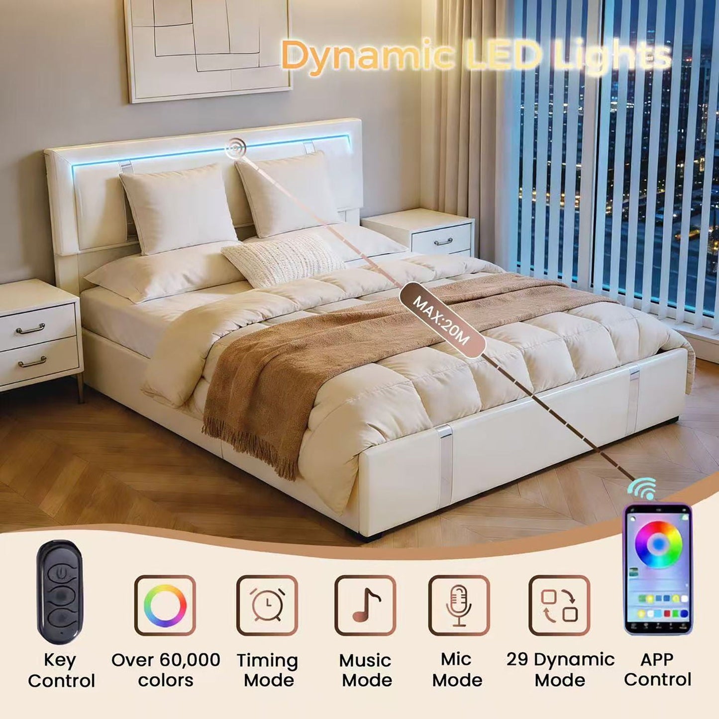 Upholstered Bed with Led Headboard and Storage