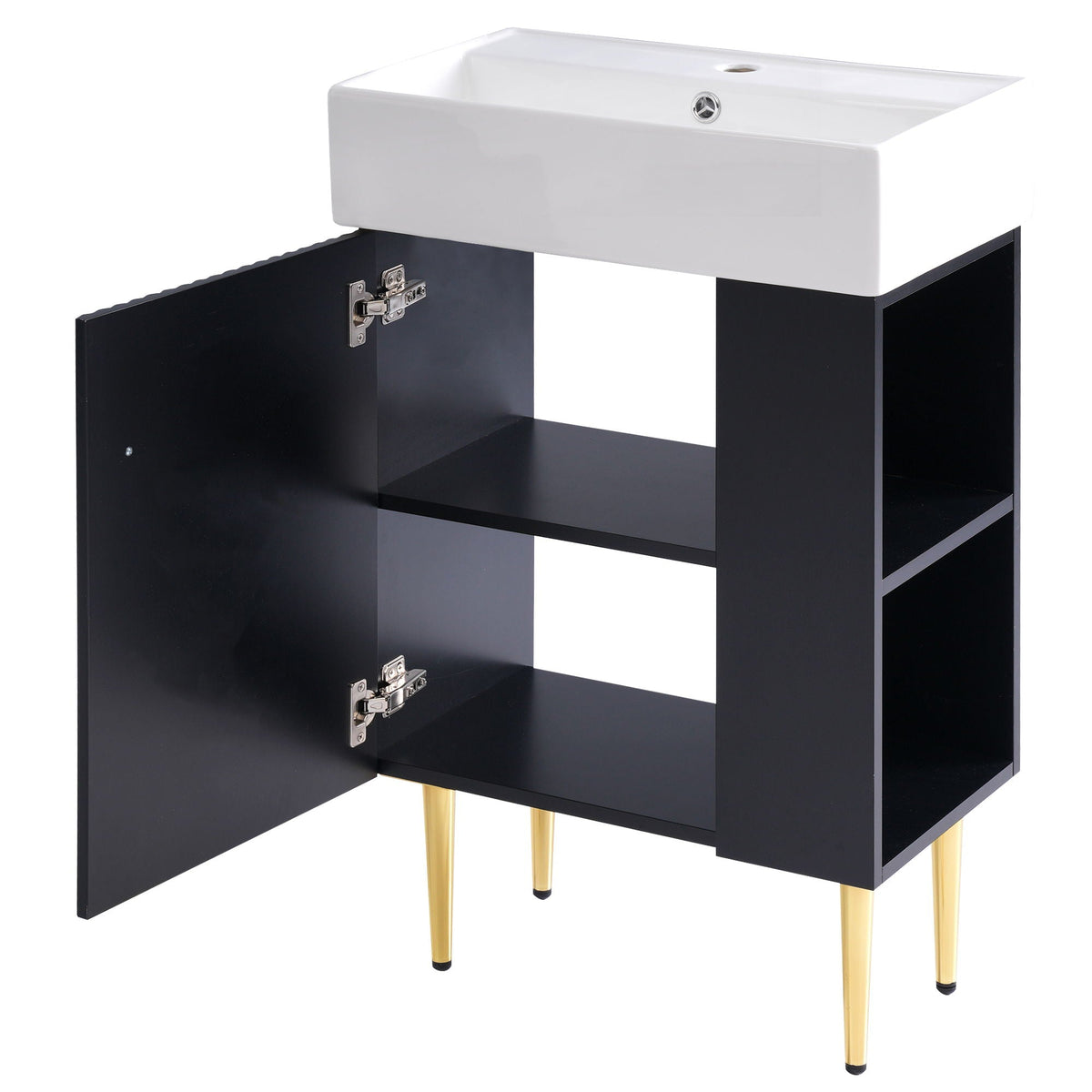 Bathroom vanity with white ceramic sink on black storage cabinet with gold legs on Tampa Home & Garden Store