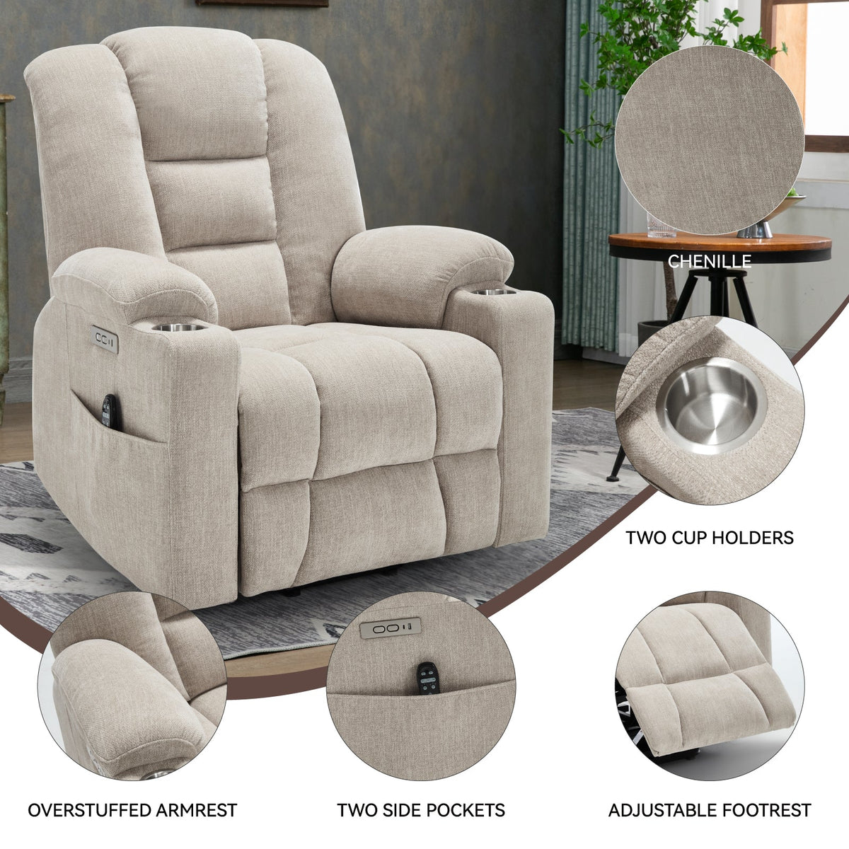Power Lift Recliner Chair with Massage and Heat in beige chenille by HouseOfZazla on Tampa Home & Garden Store
