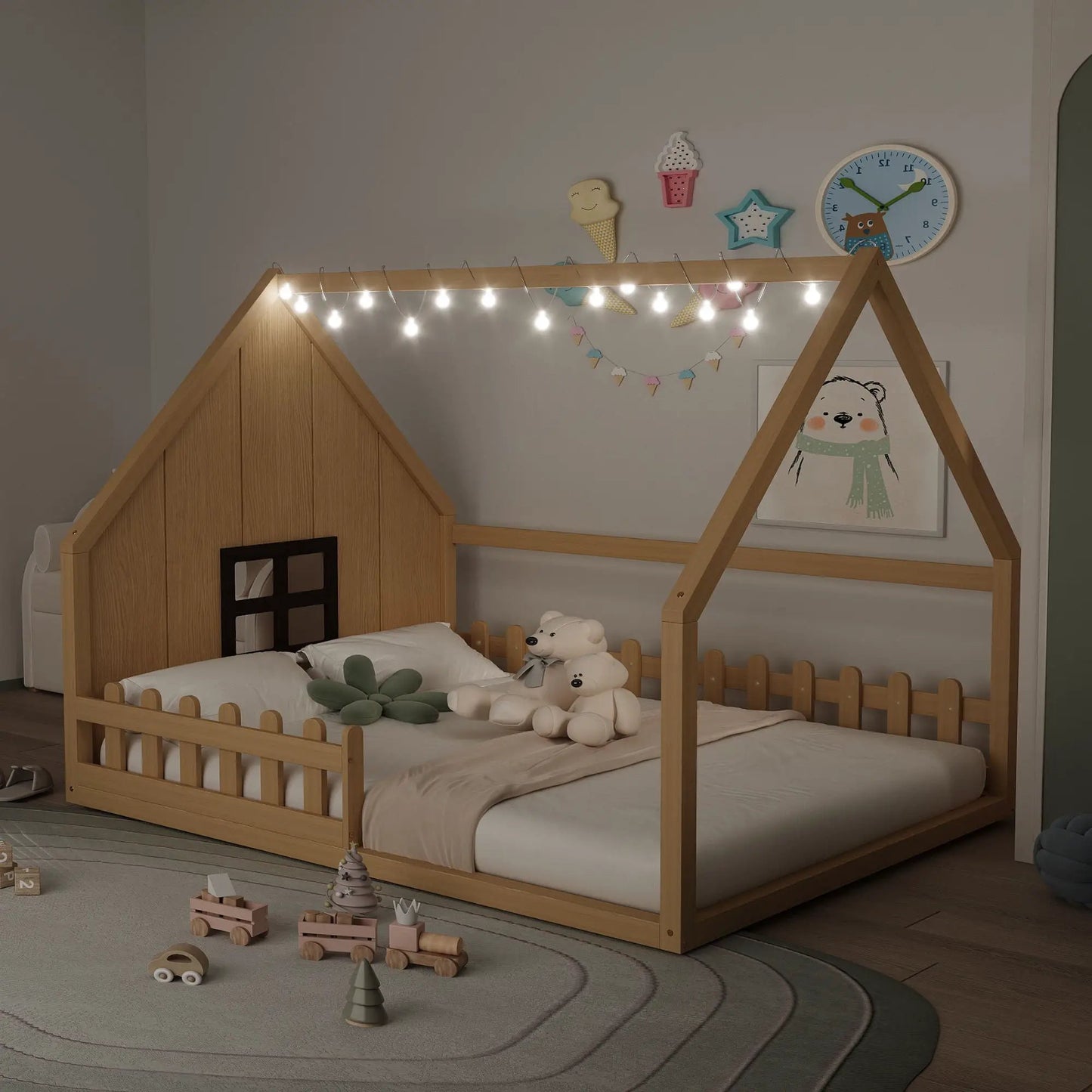 House Bed With Window and Fence Pine Wood Build