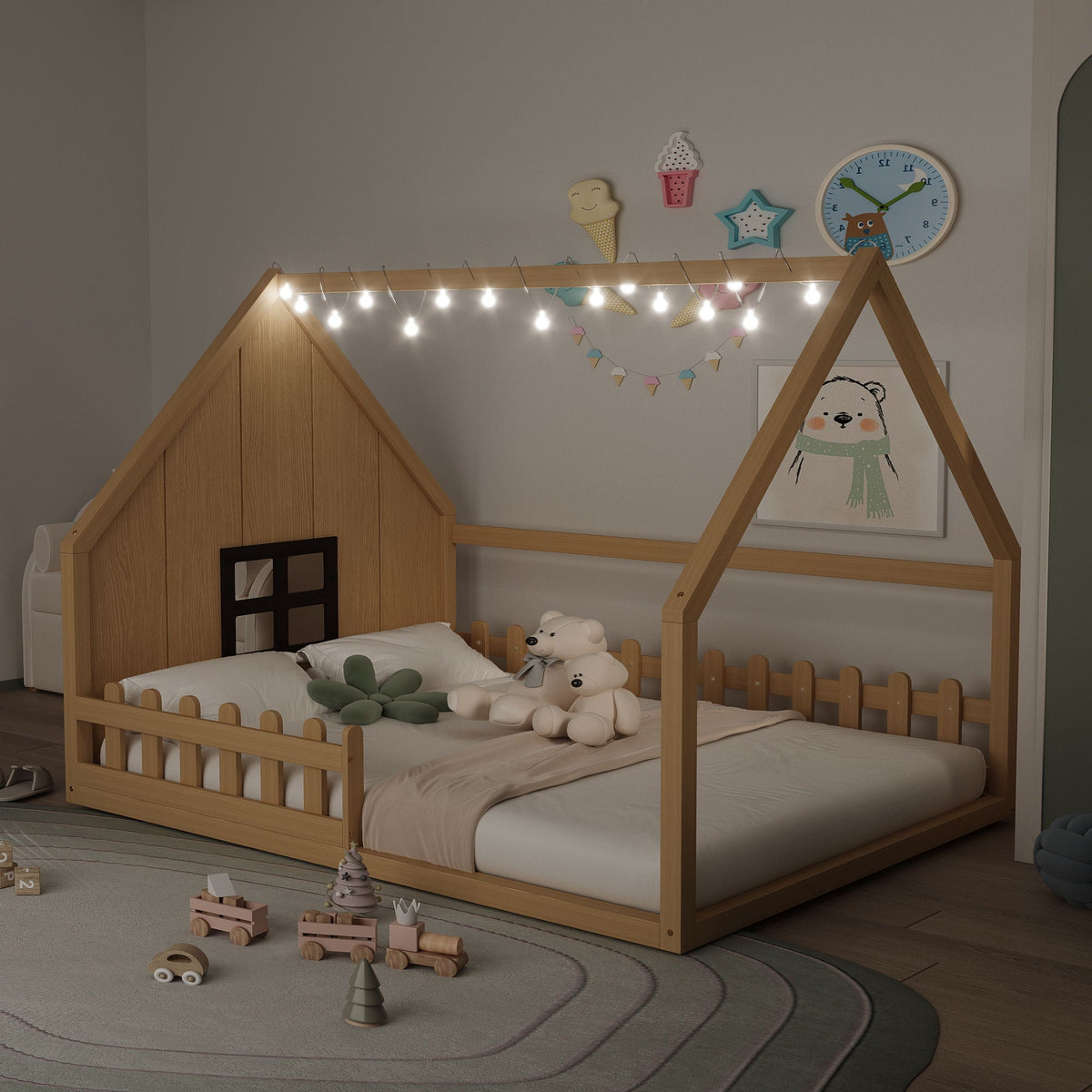 House Bed With Window And Fence, wooden kids platform bed, two twin mattresses by HouseOfZazla on Tampa Home & Garden Store