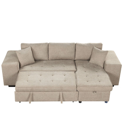 Modern L-shaped sleeper sectional couch beige fabric with storage chaise and ottoman HouseOfZazla on Tampa Home & Garden Store