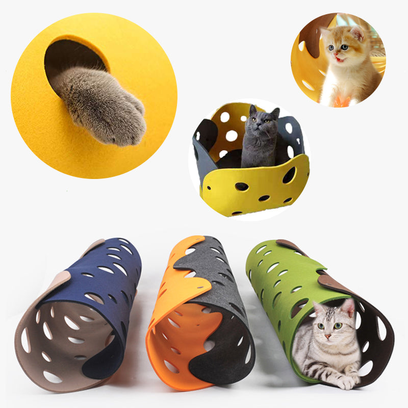 Cat tunnel toy set with three collapsible felt tunnels in blue, orange, green; yellow nest on Tampa Home & Garden Store