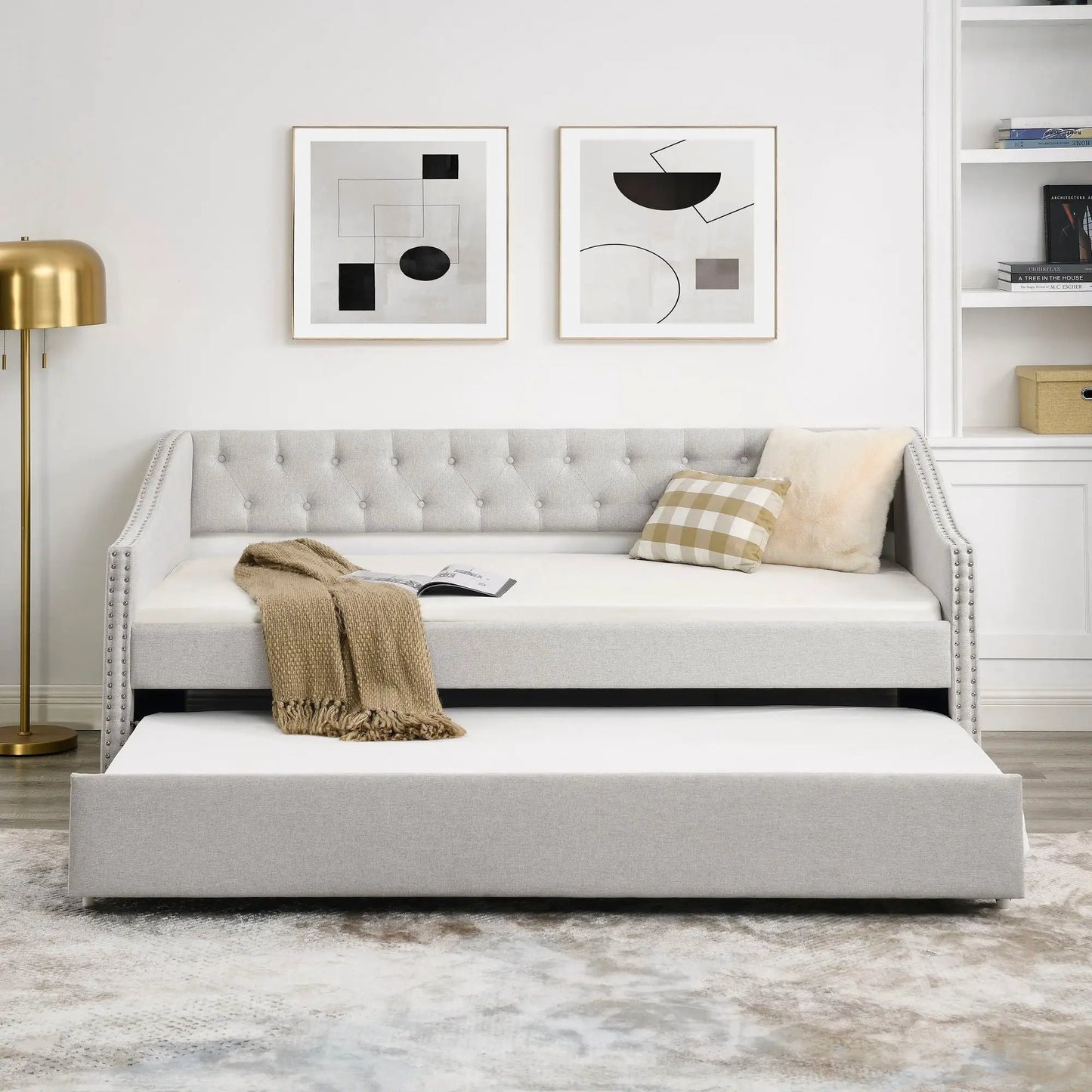 Upholstered Tufted Daybed With Drawers Waved Arms