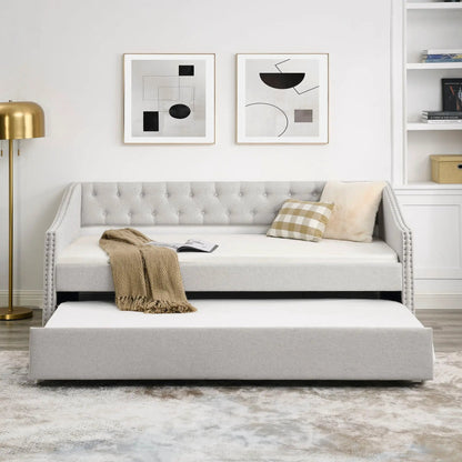 Upholstered Tufted Daybed With Drawers Waved Arms