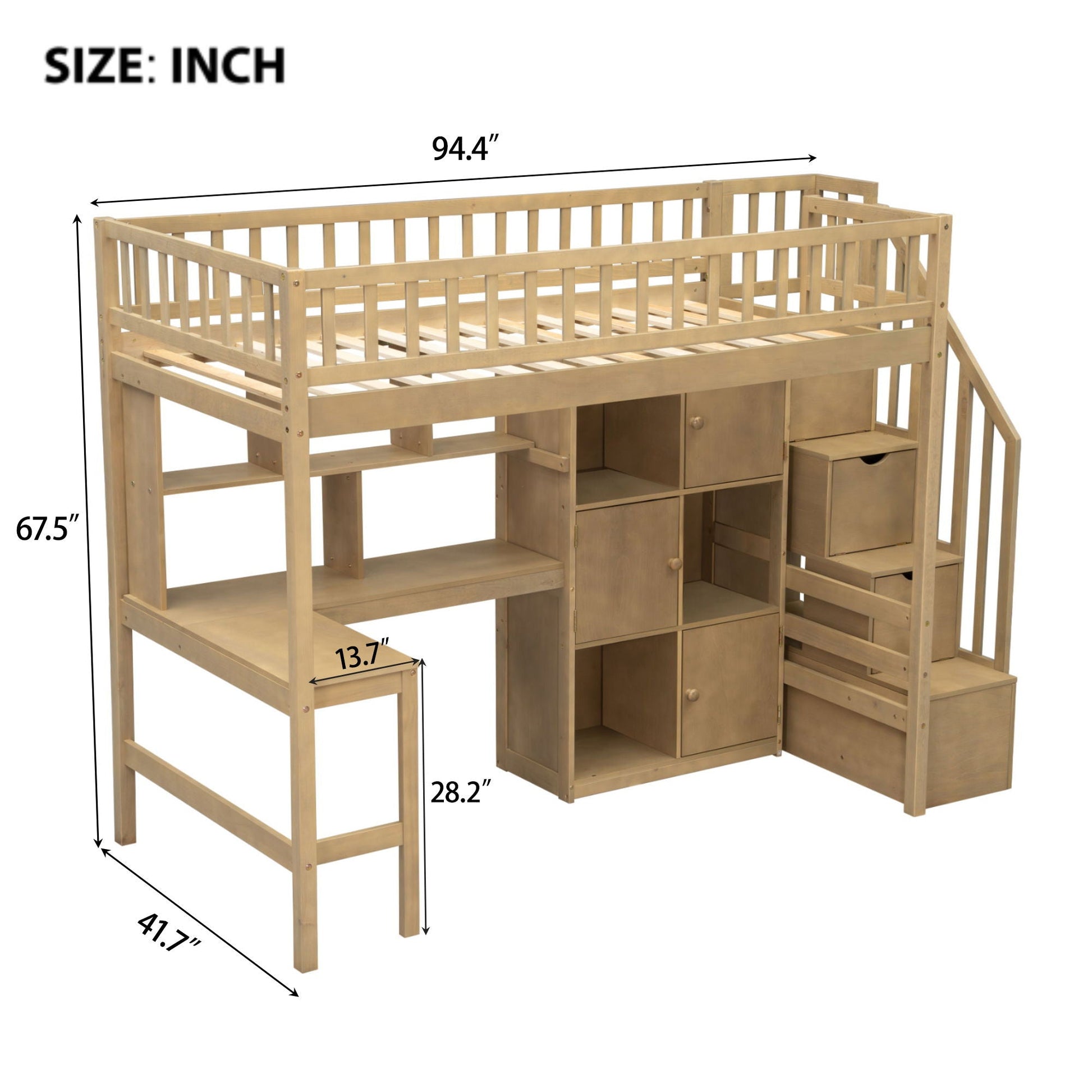 Loft bed with built-in L-shaped desk, staircase and storage shelves in wood by HouseOfZazla on Tampa Home & Garden Store