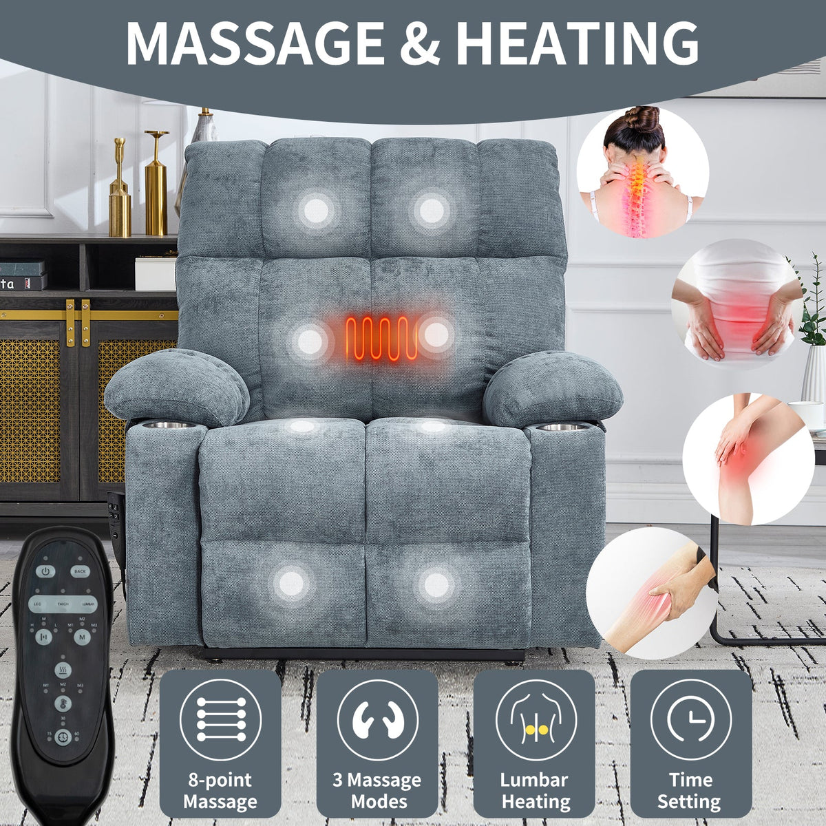 Grey chenille power lift recliner chair by HouseOfZazla with massage and heating on Tampa Home & Garden Store