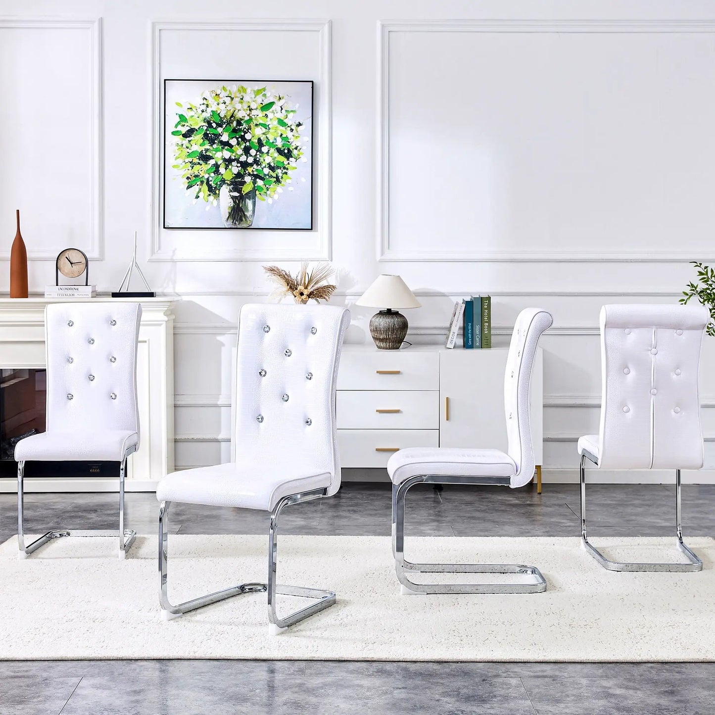 White upholstered dining chairs with tufted backs and chrome cantilever legs set of four on Tampa Home & Garden Store