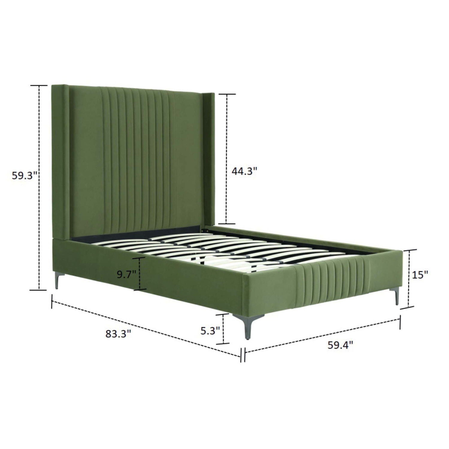 Promenade upholstered bed in green with tall headboard and slats by HouseOfZazla on Tampa Home & Garden Store