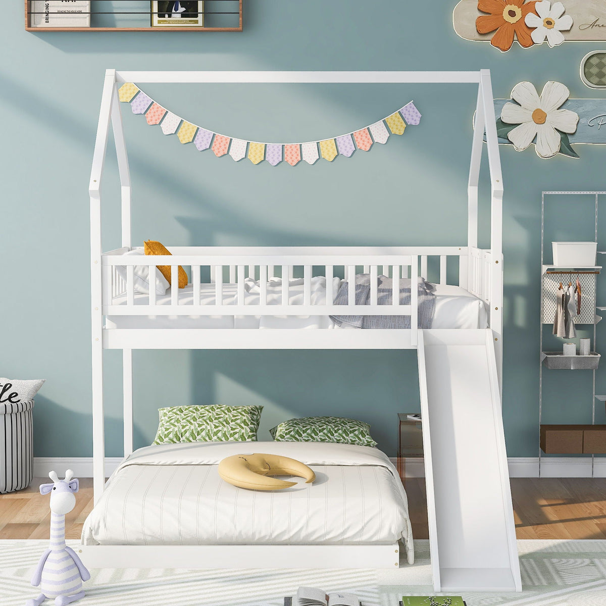 House Bunk Bed With Slide And Built In Ladder white finish by HouseOfZazla on Tampa Home & Garden Store