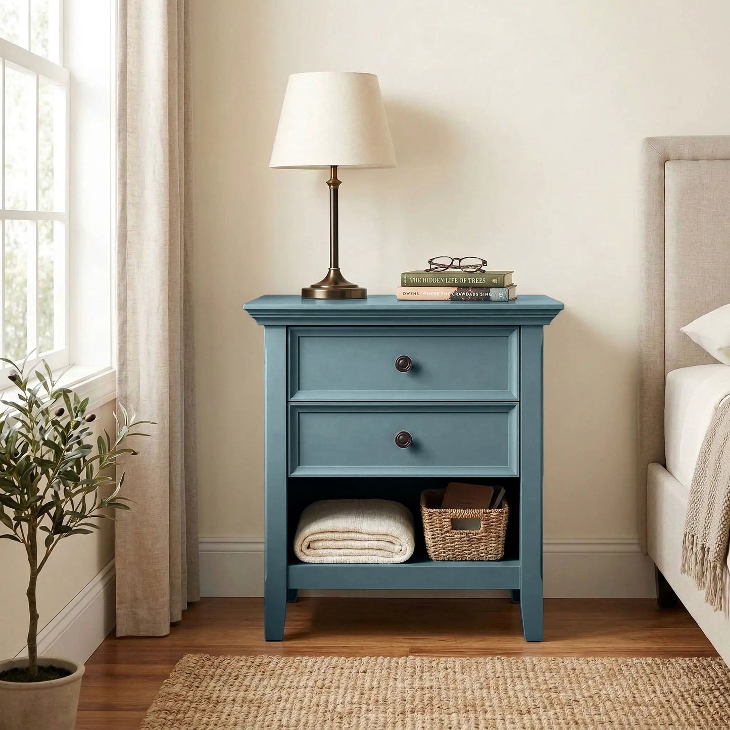 Amherst bedside table handcrafted in teal blue with three drawers and open shelf on Tampa Home & Garden Store