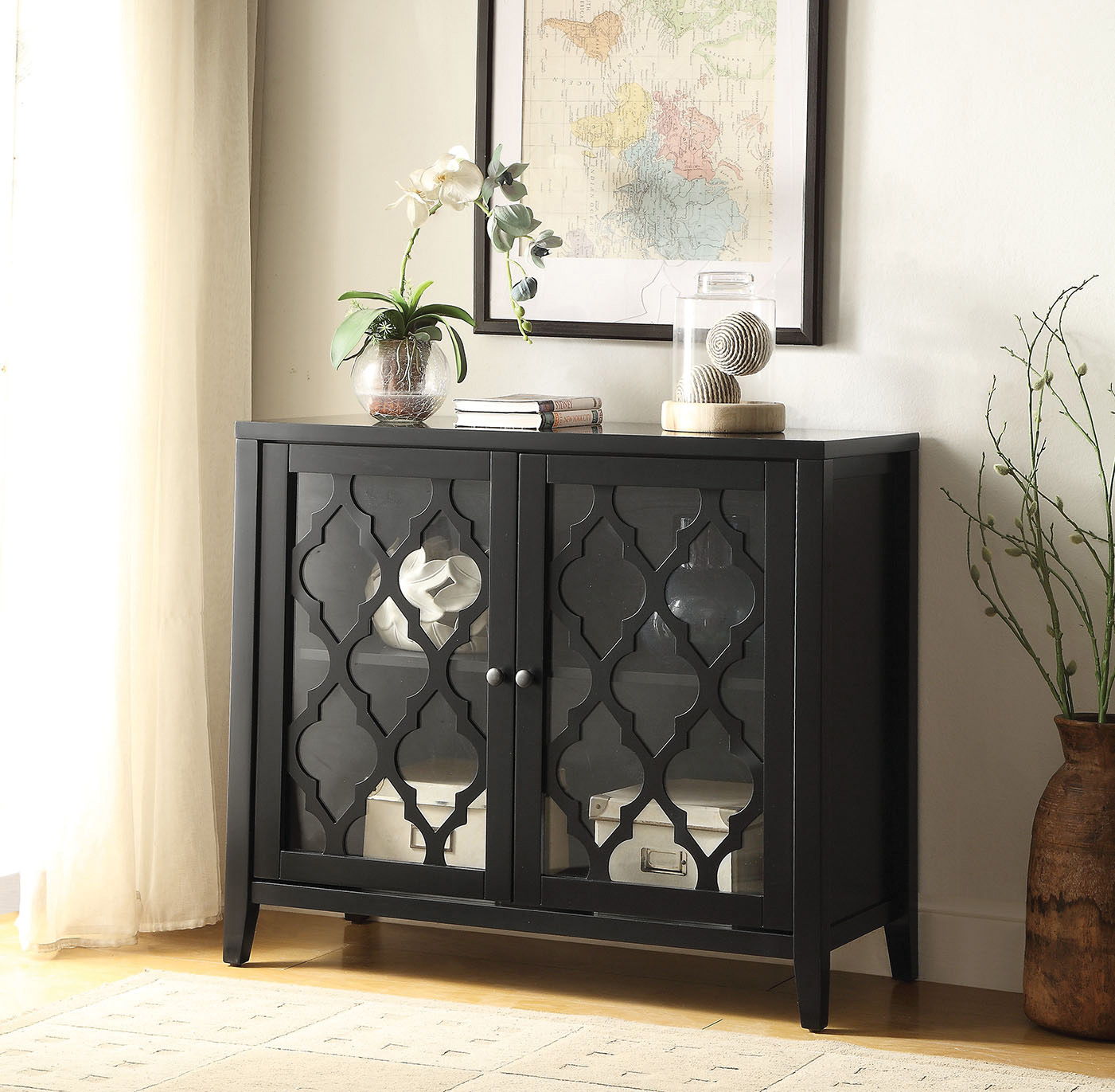 Ceara black console cabinet with glass doors in a geometric lattice pattern, two-door sideboard on Tampa Home & Garden Store