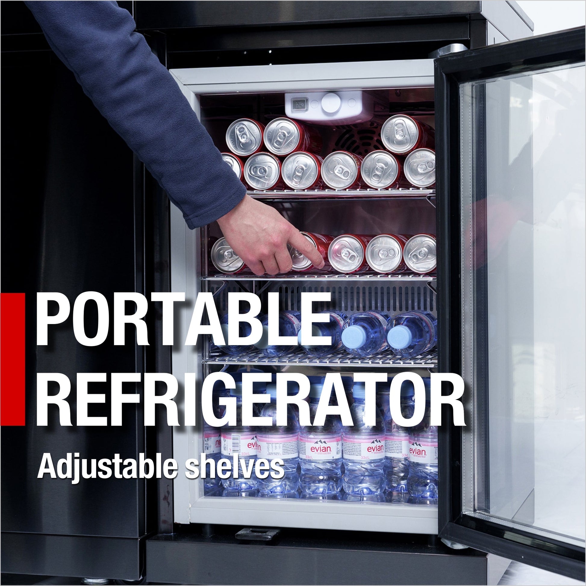 Refrigerator with adjustable shelves for cans and water bottles in a black-framed cabinet on Tampa Home & Garden Store
