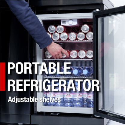 Refrigerator with adjustable shelves for cans and water bottles in a black-framed cabinet on Tampa Home & Garden Store