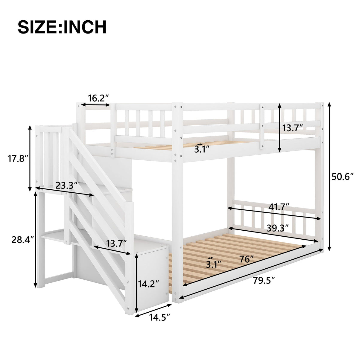 Twin over twin floor bunk bed with storage ladder, white wood by HouseOfZazla on Tampa Home & Garden Store