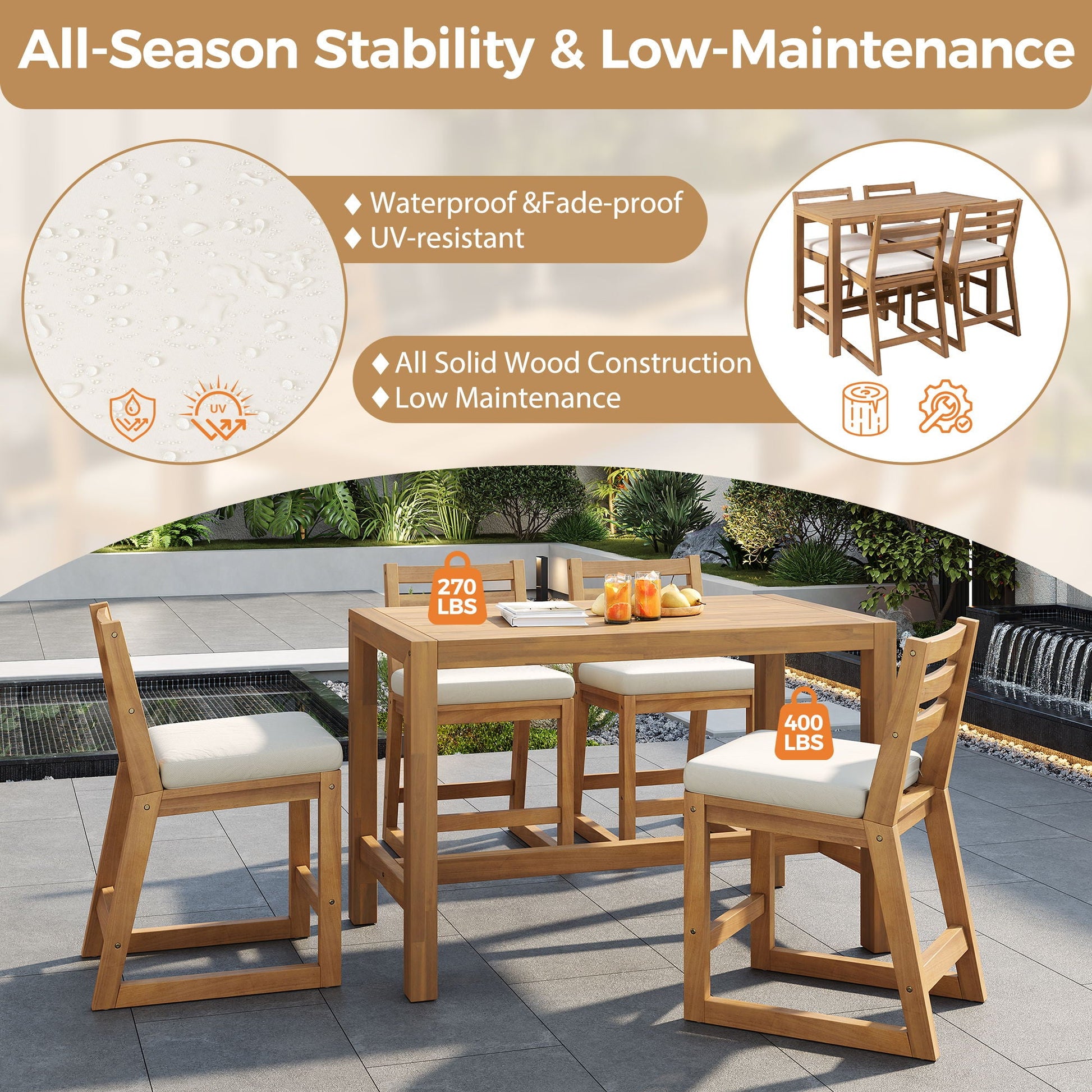 Patio Bar Set With Ergonomic Chairs natural wood 5-piece outdoor dining set with cushions on Tampa Home & Garden Store
