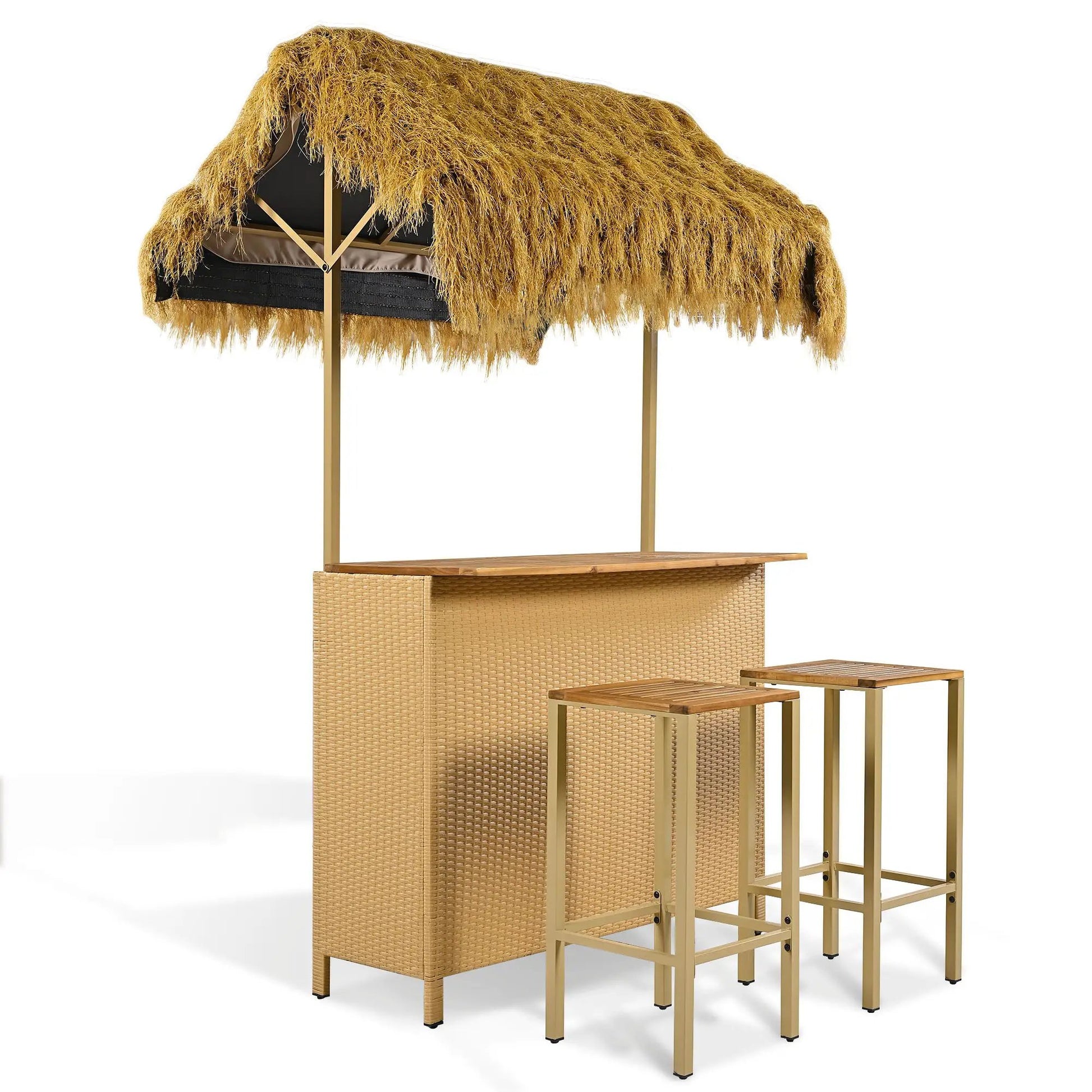 Bar-height outdoor dining set with PE grass canopy and acacia tops (2 stools + table) on Tampa Home & Garden Store