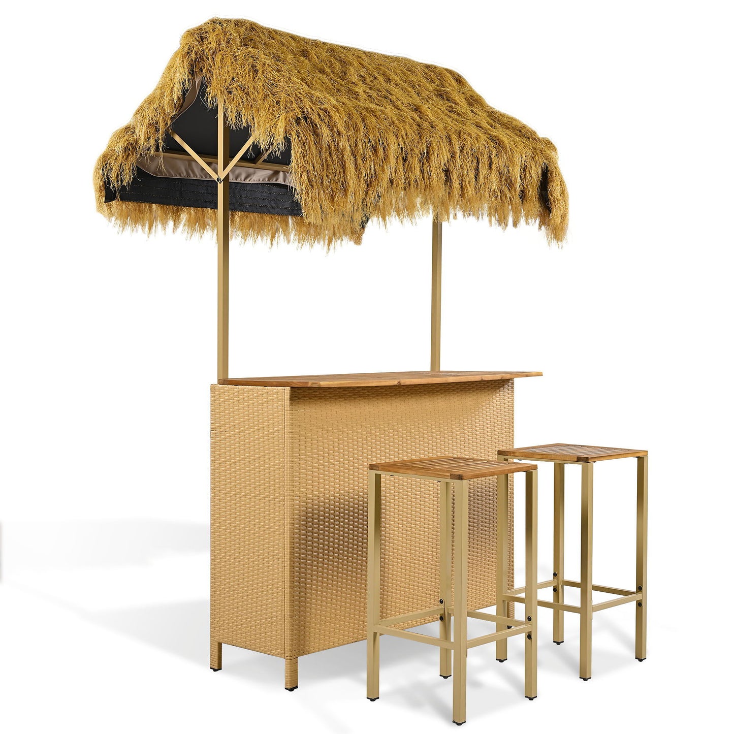 Hawaiian-Style Bar-Height Patio Set with PE Grass Canopy, gold frame, 3-piece by HouseOfZazla on Tampa Home & Garden Store