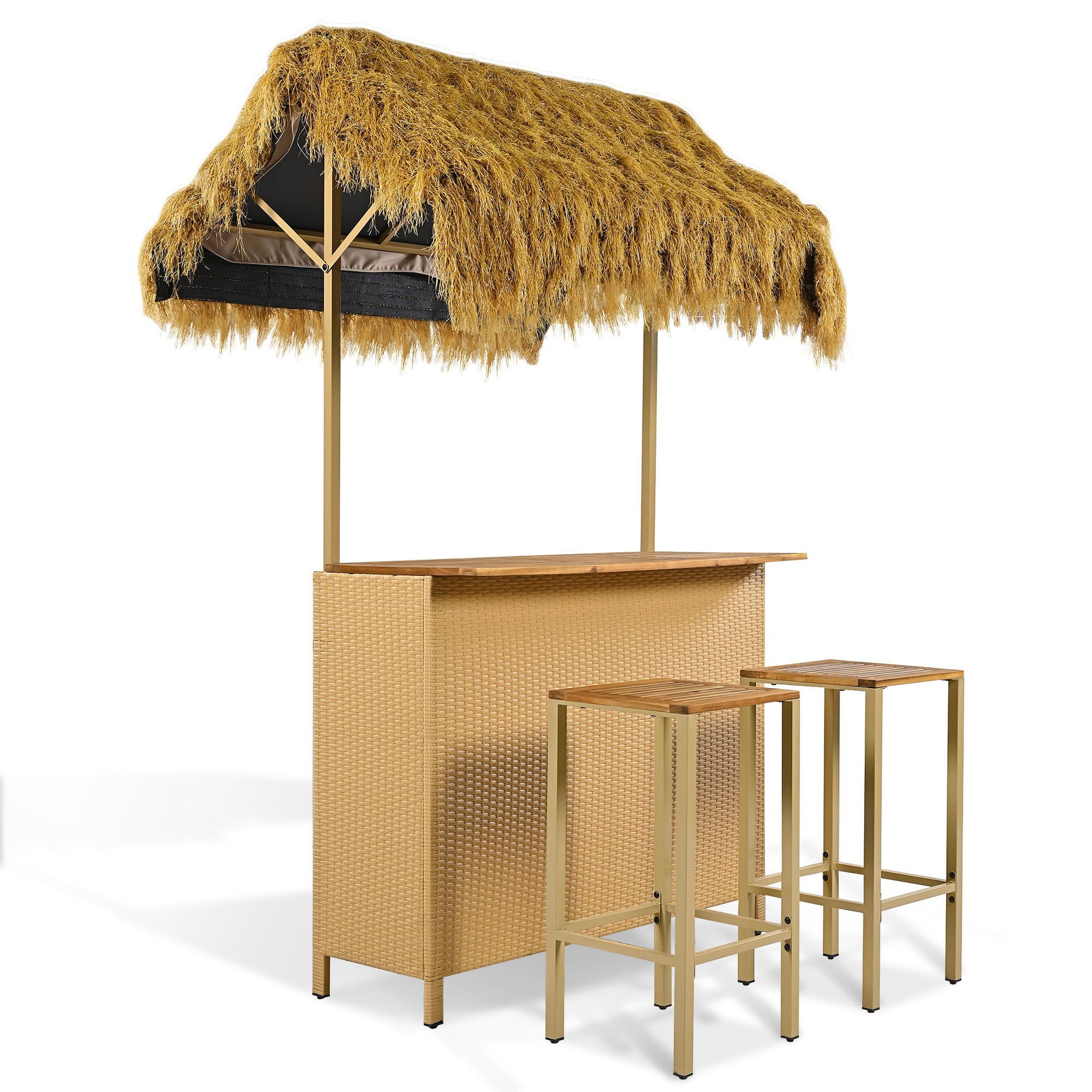 Hawaiian-Style Bar-Height Patio Set with PE Grass Canopy, gold frame, 3-piece by HouseOfZazla on Tampa Home & Garden Store