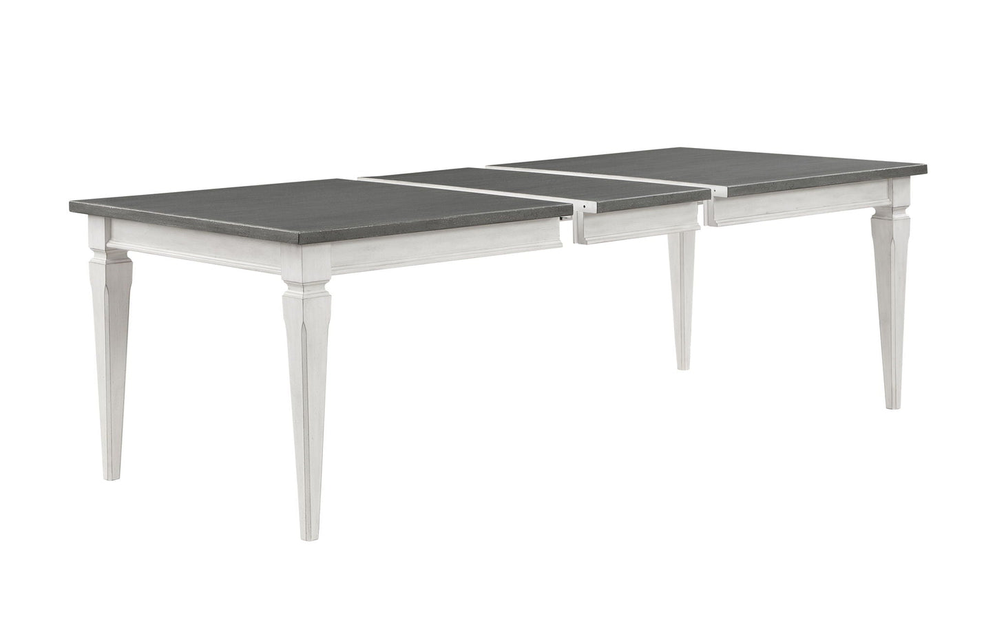 Katia dining table with leaf, gray top and white turned legs, three-panel modular set on Tampa Home & Garden Store