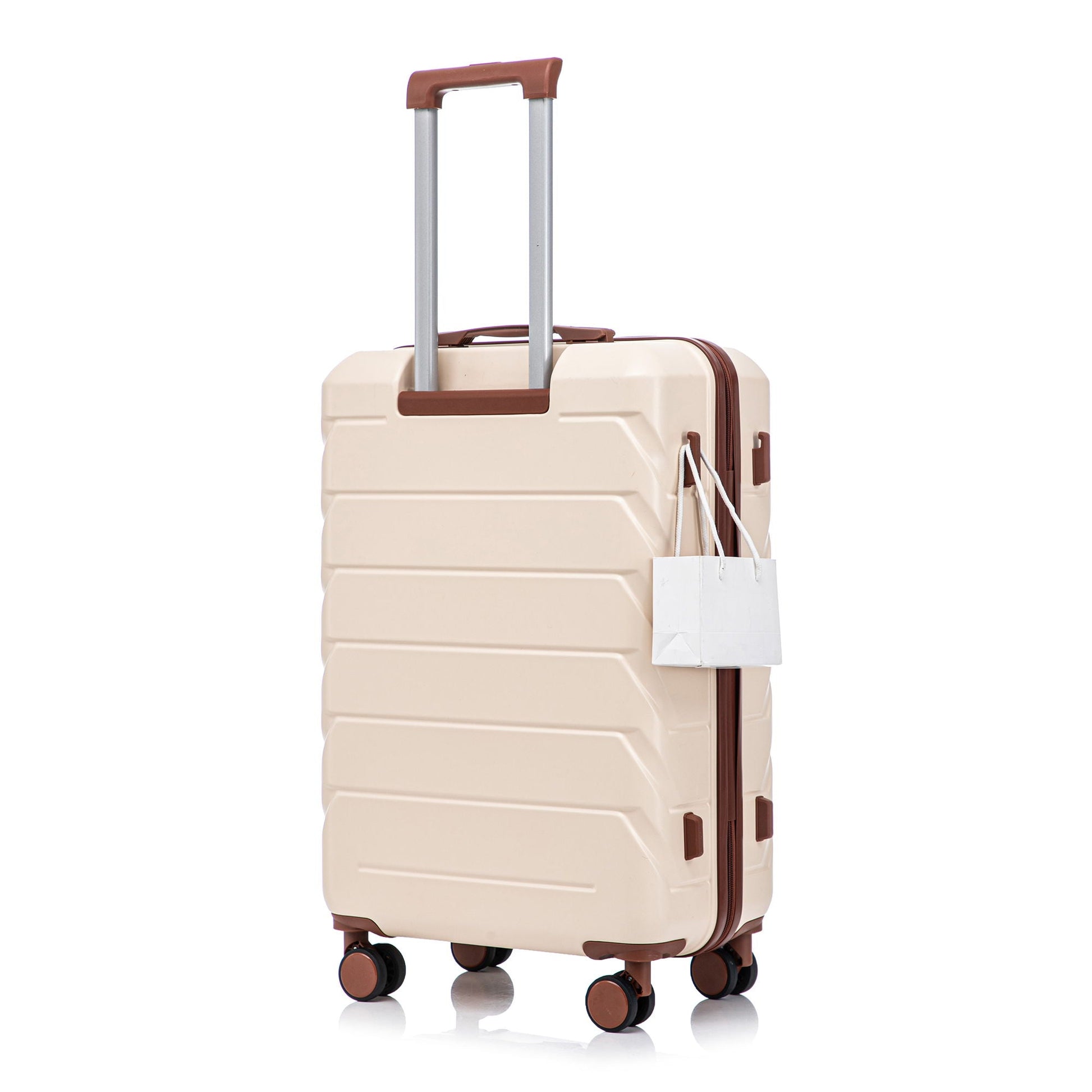 3-Piece beige spinner luggage set with brown trim and telescoping handle on Tampa Home & Garden Store