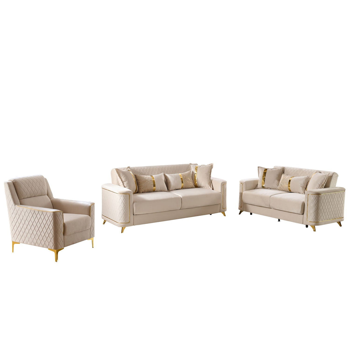 Upholstered living room set with gold-tone legs: beige sofas and armchair with gold accents on Tampa Home & Garden Store