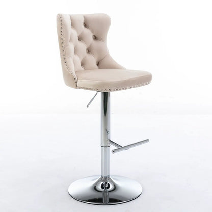 Swivel bar stool beige tufted with chrome pedestal base and nailhead trim backrest adjustable on Tampa Home & Garden Store