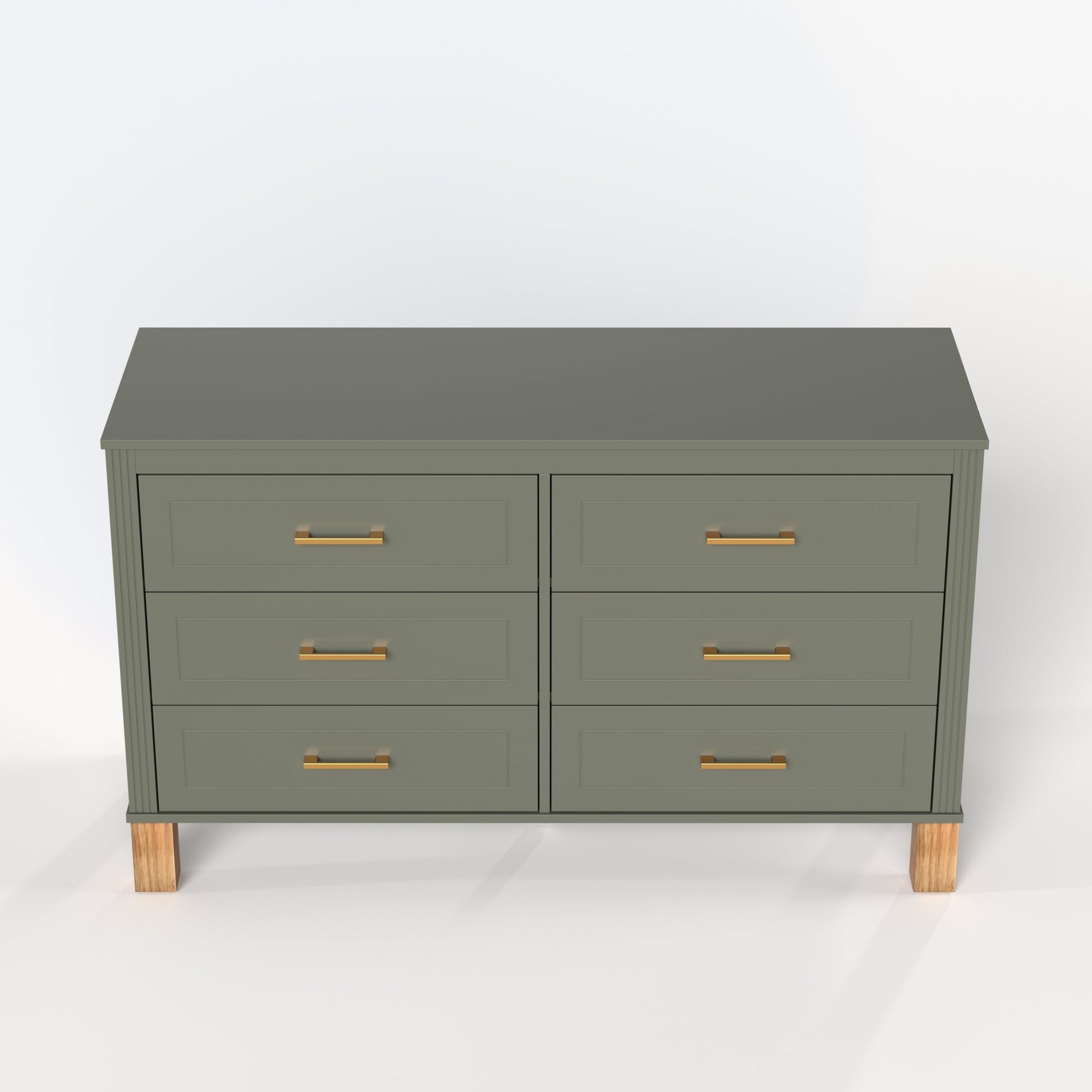 6-Drawer Double Dresser in Olive with gold bar pulls and natural wood legs on Tampa Home & Garden Store