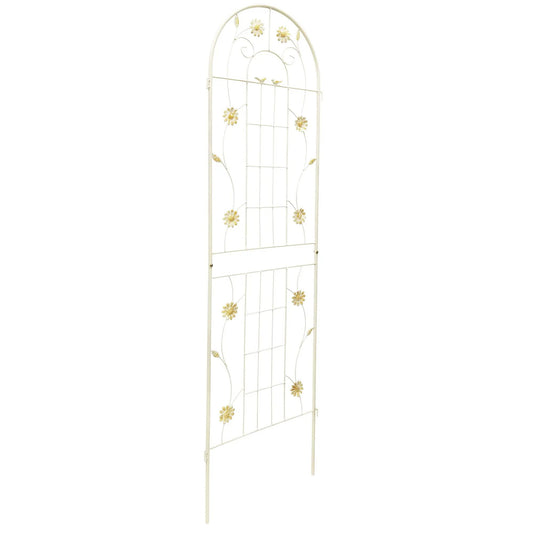White metal garden trellis with arched top and gold floral accents for climbing plants on Tampa Home & Garden Store