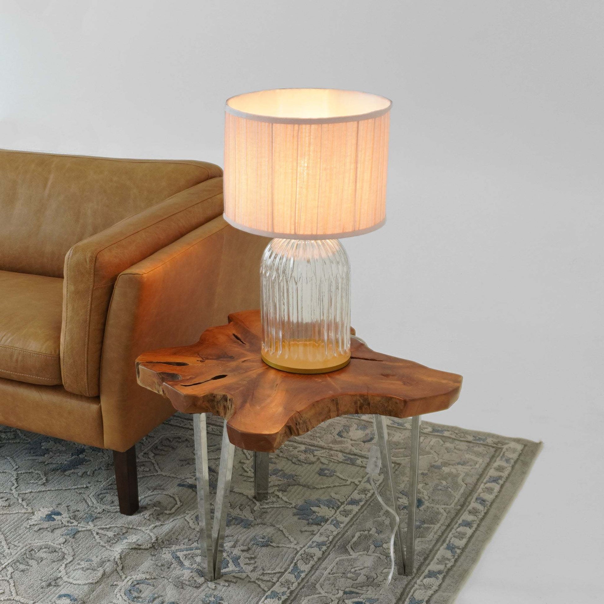 Table lamp with clear ribbed glass base and pink shade; LED Nebulis in gold by HouseOfZazla on Tampa Home & Garden Store