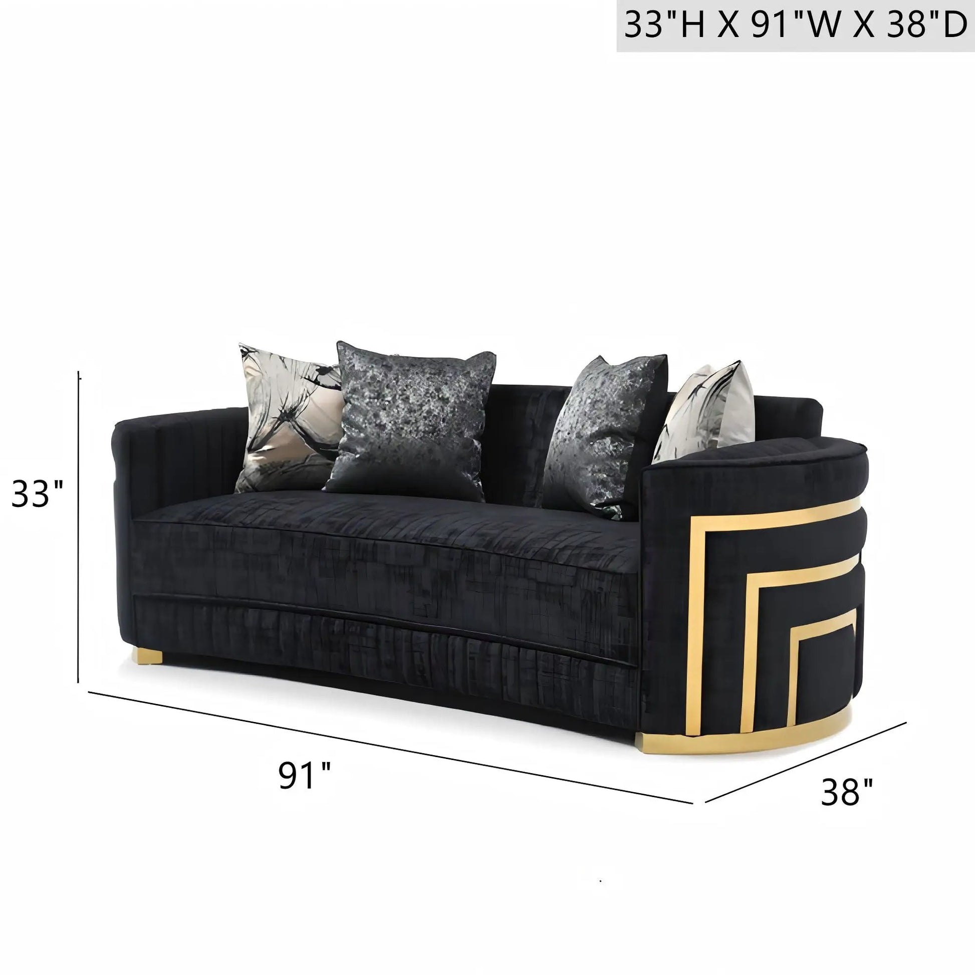 Soledad sofa black velvet upholstery with gold geometric base and decorative throw pillows on Tampa Home & Garden Store