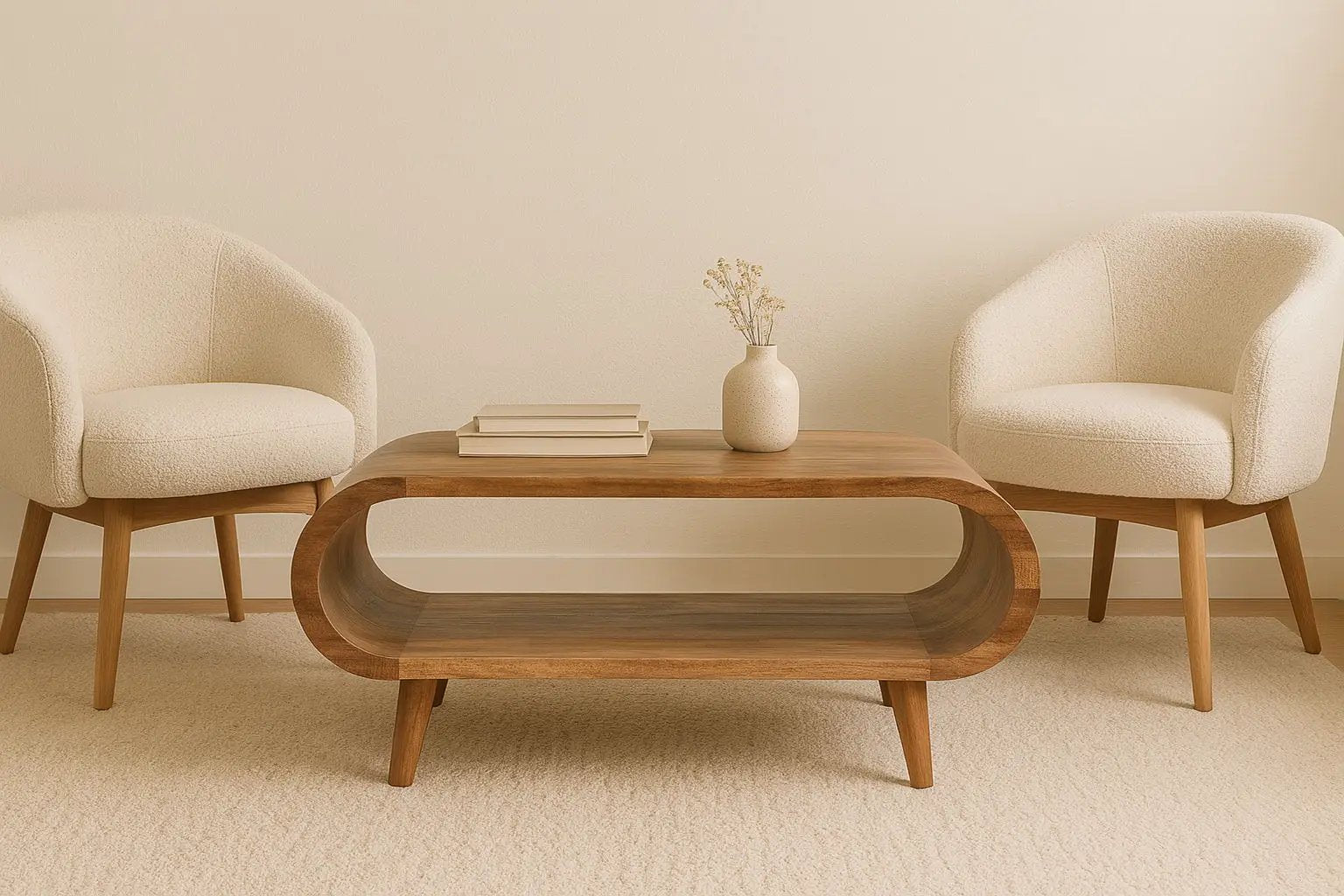 Amaya Nordic Style Wooden Table coffee table with curved oval shelf and two cream chairs on Tampa Home & Garden Store