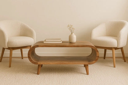Amaya Nordic Style Wooden Table coffee table with curved oval shelf and two cream chairs on Tampa Home & Garden Store