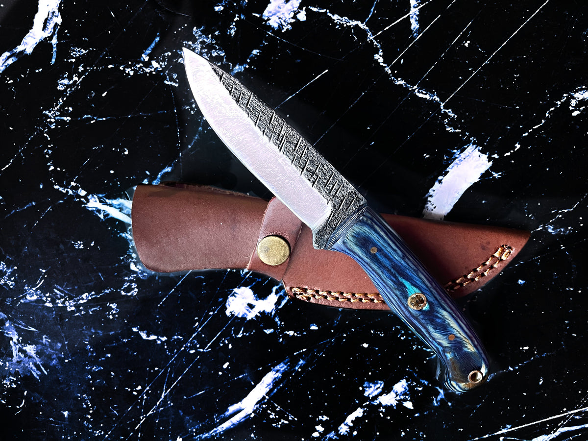 Titan Azura custom knife with blue diamond wood handle and carbon steel blade, leather sheath on Tampa Home & Garden Store