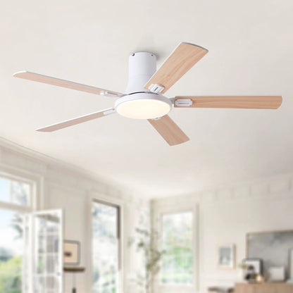 Flush mount ceiling fan with LED light, white housing and five wood-tone blades, remote control on Tampa Home & Garden Store